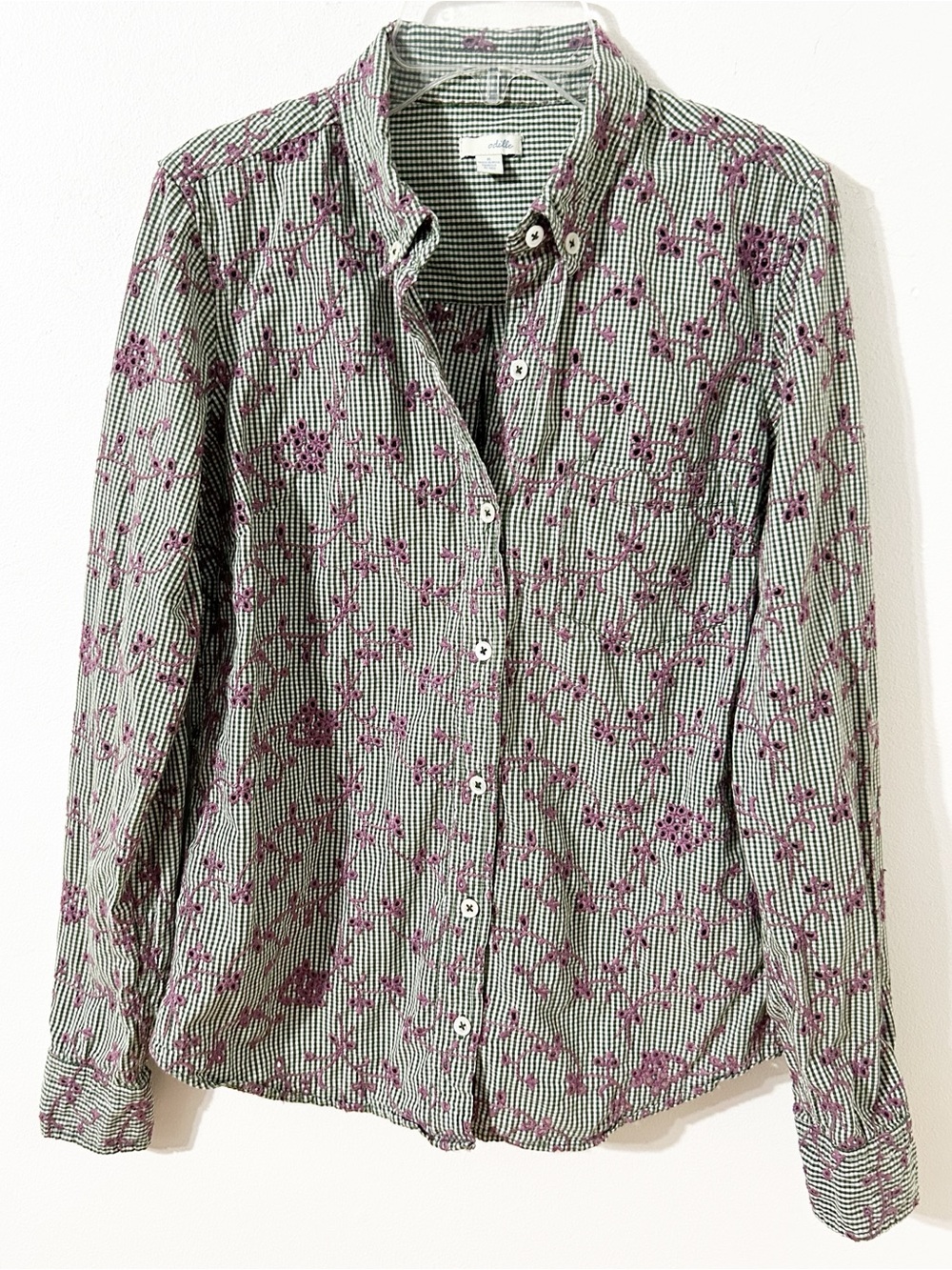 Odille By Anthropologie Green Gingham Eyelet Embroidered Button Down Shirt Size6